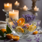 An image of a serene bathroom setting with a glass bowl filled with clear water, adorned with delicate flower petals and slices of citrus fruits, surrounded by flickering scented candles and sprigs of lavender