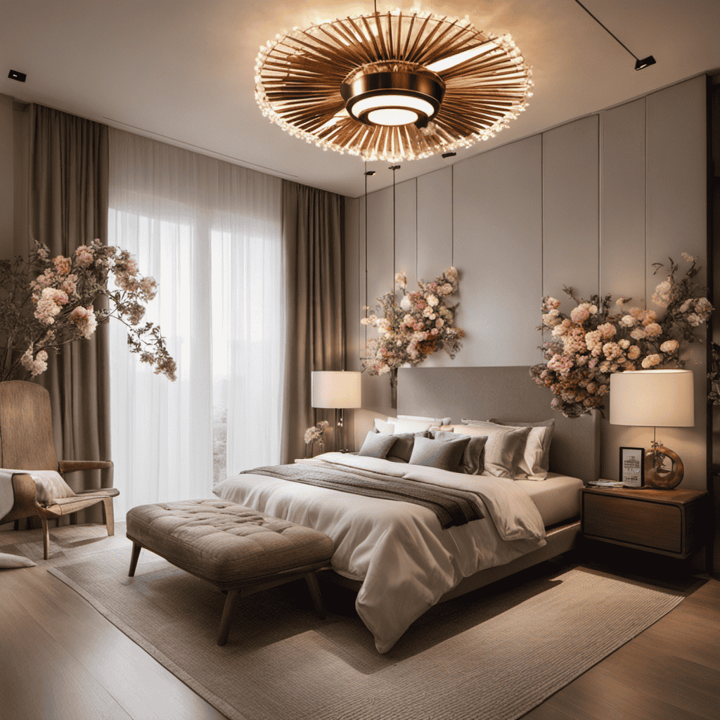 An image showcasing a serene bedroom with a ceiling fan adorned with fragrant dried flowers and essential oil diffusers hanging from each blade, gently dispersing scented mist throughout the room