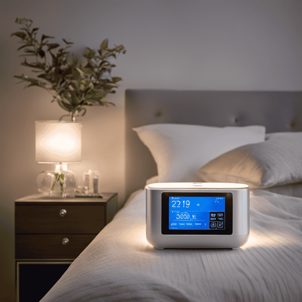 An image of a serene bedroom with a CPAP machine placed on a nightstand, emitting a gentle mist of aromatic vapors