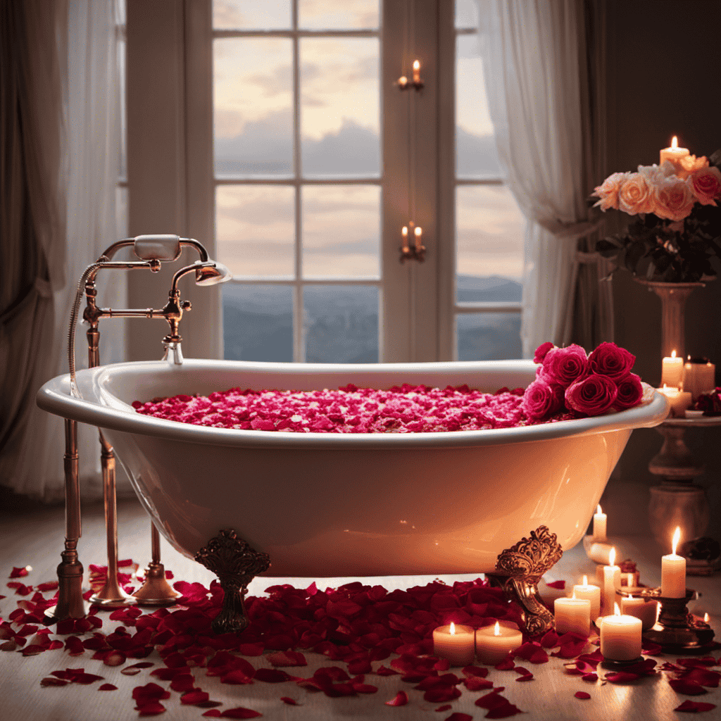 An image of a serene bathroom scene, featuring a clawfoot bathtub filled with warm water and adorned with rose petals; Epsom salt crystals dissolving, releasing soothing vapors, surrounded by flickering candles and a fluffy towel