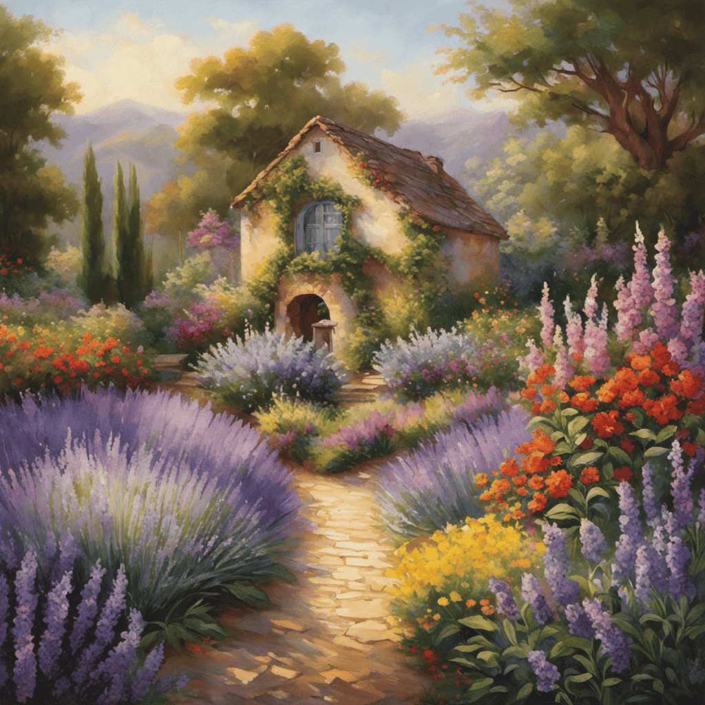 An image depicting a serene scene of a sunlit garden, where vibrant flowers and herbs like lavender, rosemary, and eucalyptus are being delicately harvested and distilled to produce essential aromatherapy oils