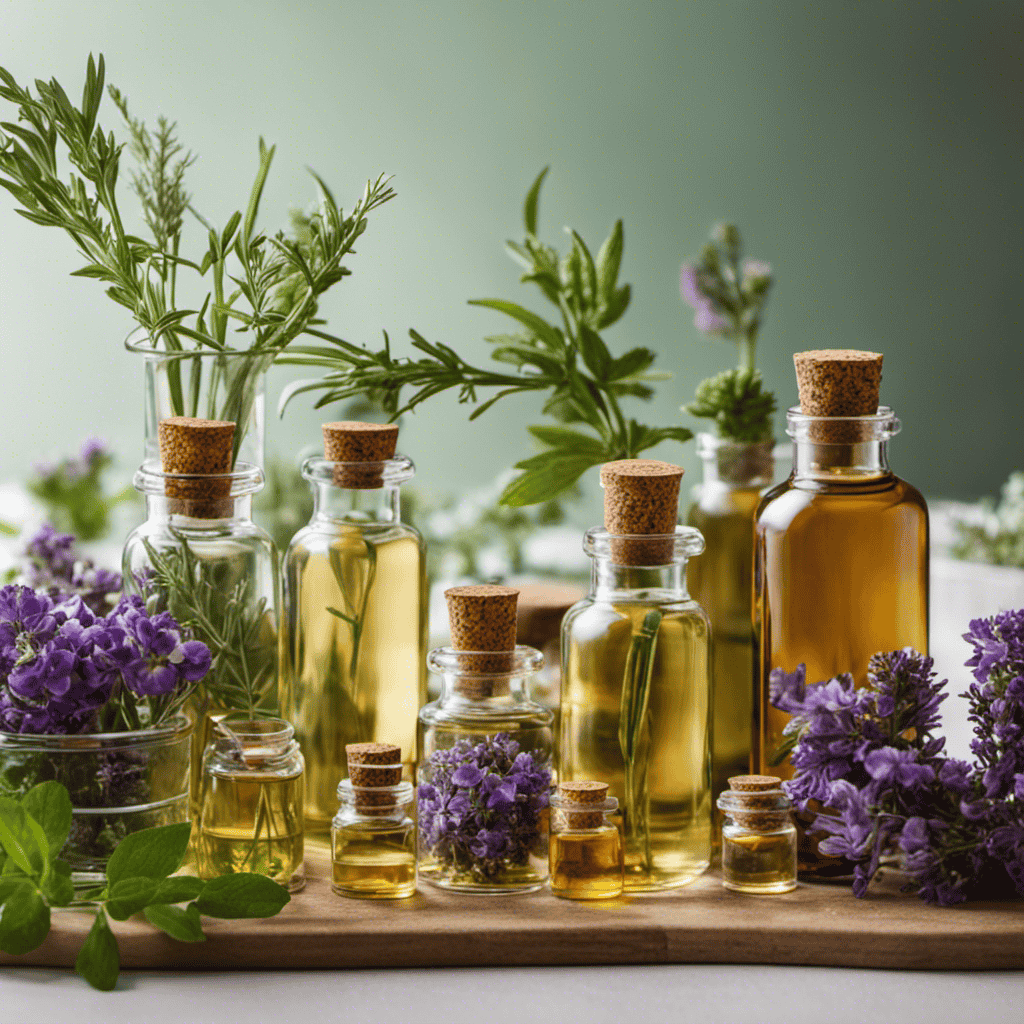 An image showcasing a serene workspace with an assortment of essential oils, glass bottles, measuring tools, and fresh herbs, capturing the process of crafting homemade aromatherapy fragrances for cars