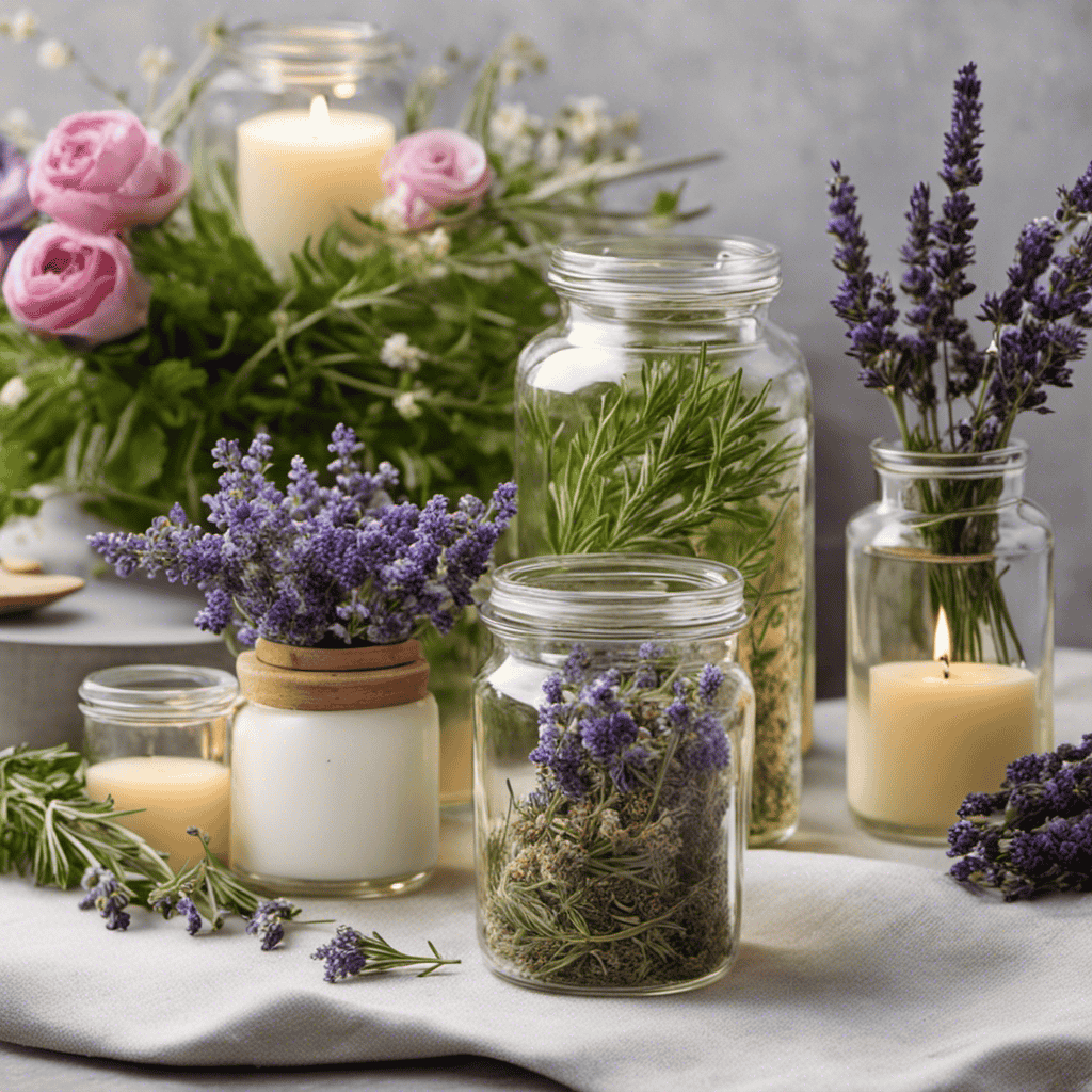 An image showcasing a serene setting with an assortment of fresh herbs and flowers like lavender, rosemary, and chamomile, gently steeping in glass jars filled with warm carrier oils, infusing the air with their natural scents