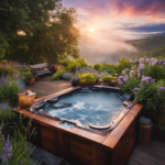 An image showcasing a tranquil hot tub surrounded by lush greenery, with delicate steam rising from the water