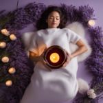 An image showcasing a cozy scene with a person holding a microwavable aromatherapy bean bag, as they gently squeeze it, releasing soothing vapor, surrounded by calming lavender flowers and a serene candle-lit ambiance