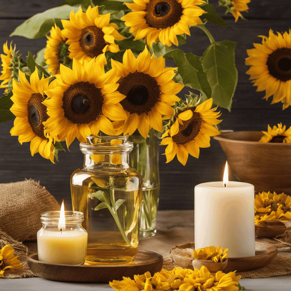 An image showcasing the process of making sunflower aromatherapy: a gentle hand pouring golden sunflower oil into a glass jar, vibrant sunflowers blooming in the background, and a soft, flickering candle illuminating the scene