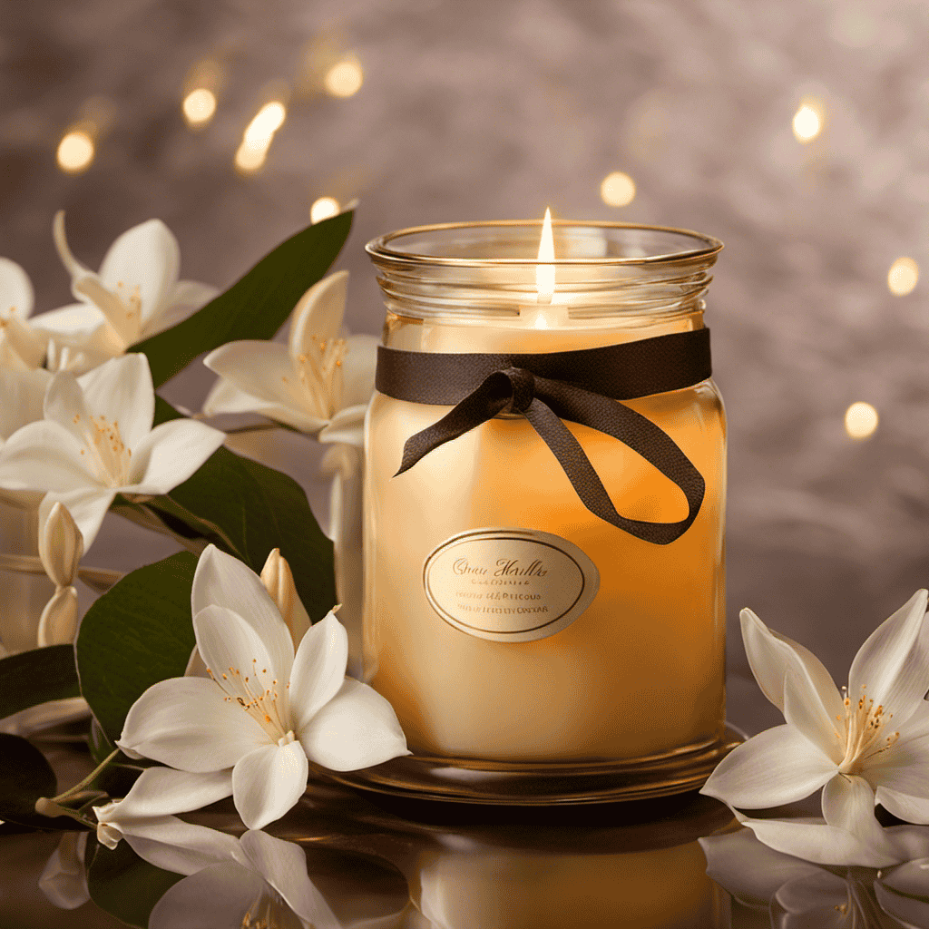 An image showcasing a serene setting with a glass jar filled with vanilla beans immersed in warm oil, emanating delicate wisps of fragrant vapor, accompanied by delicate vanilla blossoms and a flickering candle
