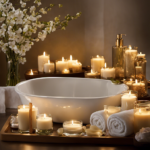 An image capturing the essence of a luxurious spa experience at home: a serene bathroom filled with flickering scented candles, plush towels, a bubbling bath infused with petals, and a tray of enticing bath and body products reminiscent of Bath and Body Works' Sensual Aromatherapy line