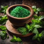 An image featuring a close-up of fresh peppermint leaves being carefully crushed in a mortar and pestle, releasing aromatic oils