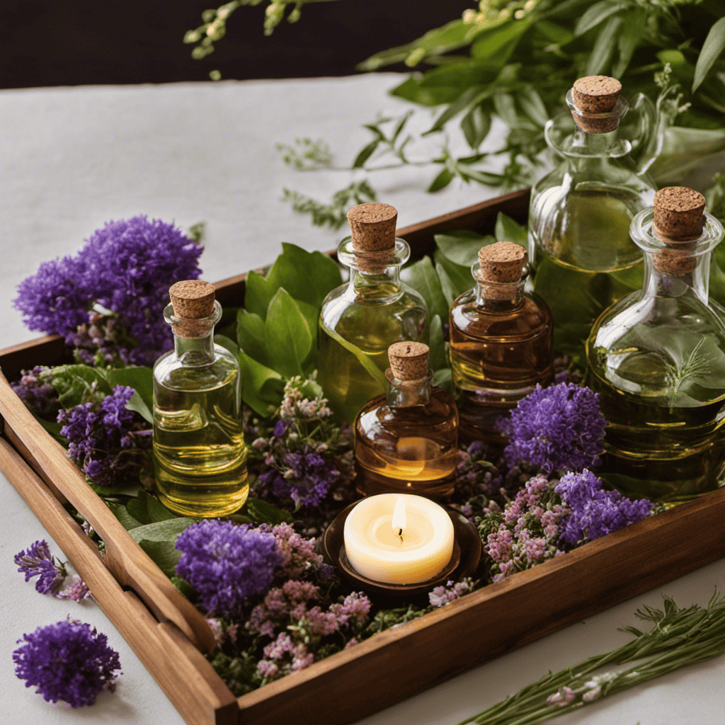 An image showcasing a serene setting with a wooden tray holding an array of carefully arranged glass bottles filled with aromatic oils, surrounded by delicate flowers, herbs, and a softly flickering candle