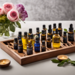 An image featuring a serene, minimalist setting with a wooden tray adorned with an assortment of carefully selected aromatherapy oils in varying hues