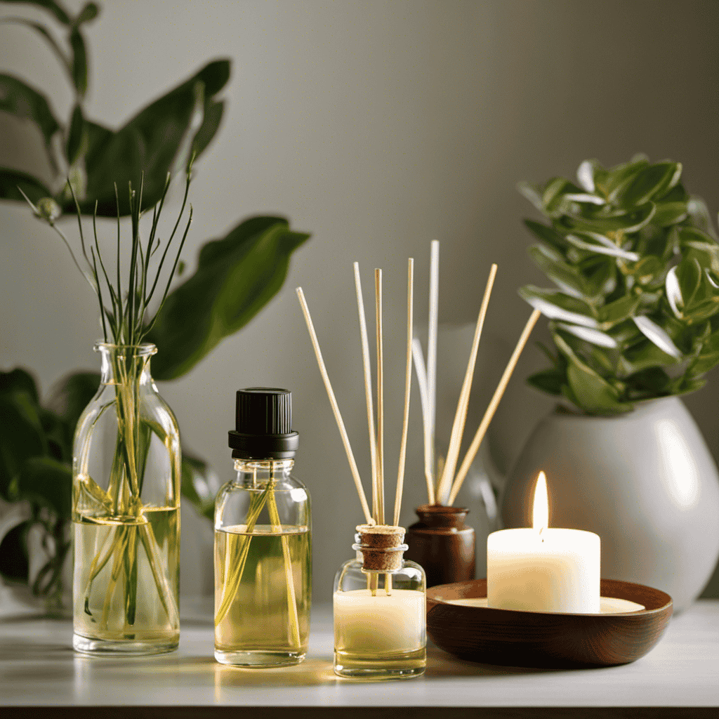 An image showcasing a serene, well-lit room with soft, diffused light streaming in, casting a gentle glow on a beautifully arranged collection of essential oil diffusers, candles, and aromatic plants, creating an inviting and calming atmosphere
