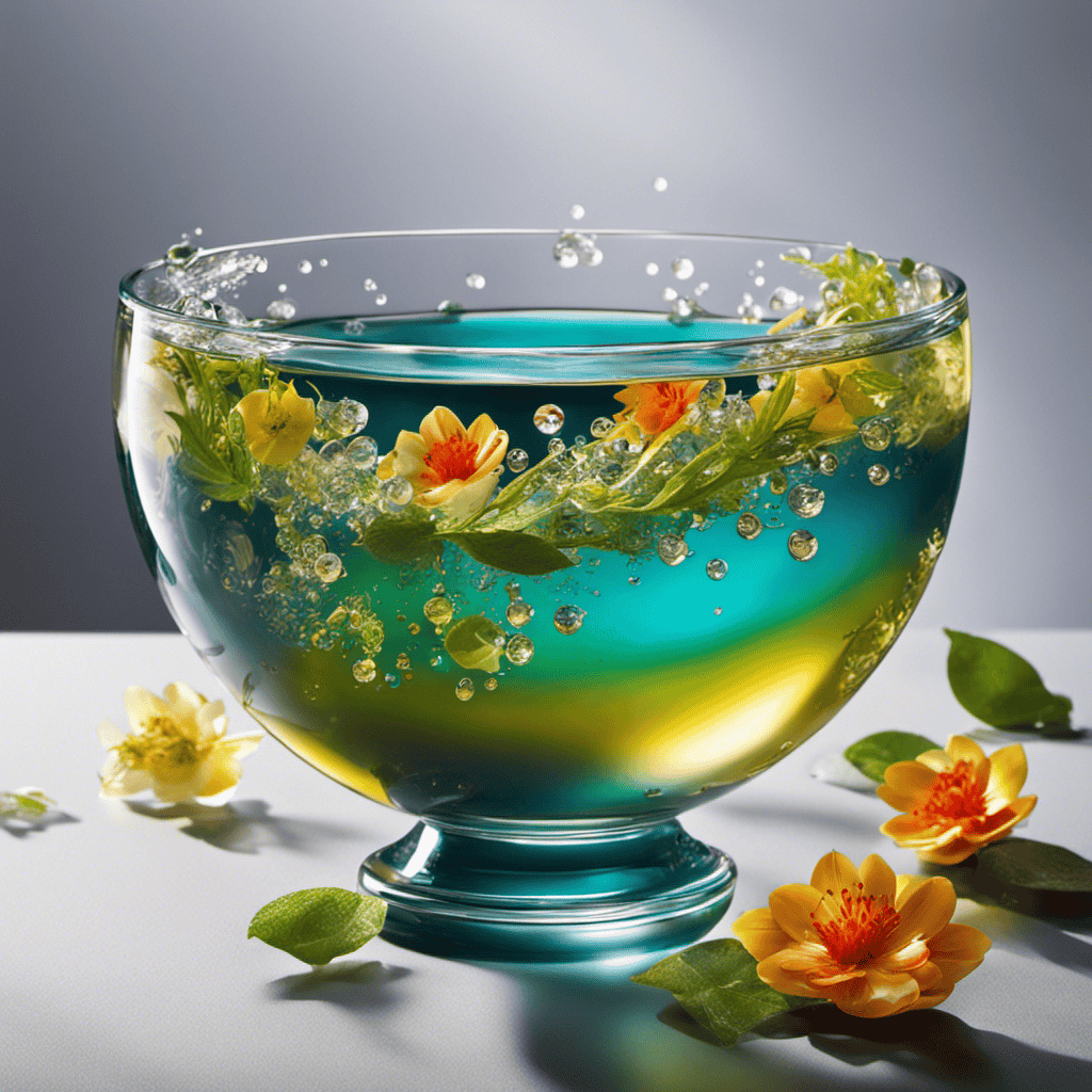 An image showcasing a glass bowl filled with clear water, delicately adorned with vibrant droplets of various aromatic oils