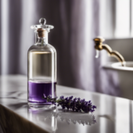 An image of a serene, minimalist bathroom with a sleek glass bottle of lavender oil placed on a marble countertop