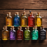An image showcasing an array of vibrant glass bottles filled with various essential oils, arranged on a rustic wooden table