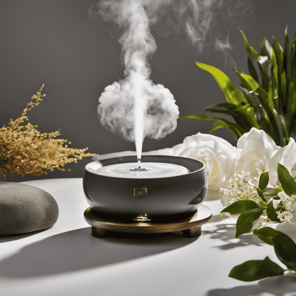 An image of skilled hands gracefully grasping the ceramic lid of an aromatherapy diffuser, gently twisting counterclockwise, revealing a cloud of fragrant mist swirling upwards, as droplets gracefully dance in the air