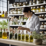 An image depicting a person meticulously blending fragrant oils in a sleek laboratory, surrounded by shelves filled with botanical ingredients, glass containers, and scientific equipment, emphasizing the process of patenting aromatherapy mixes