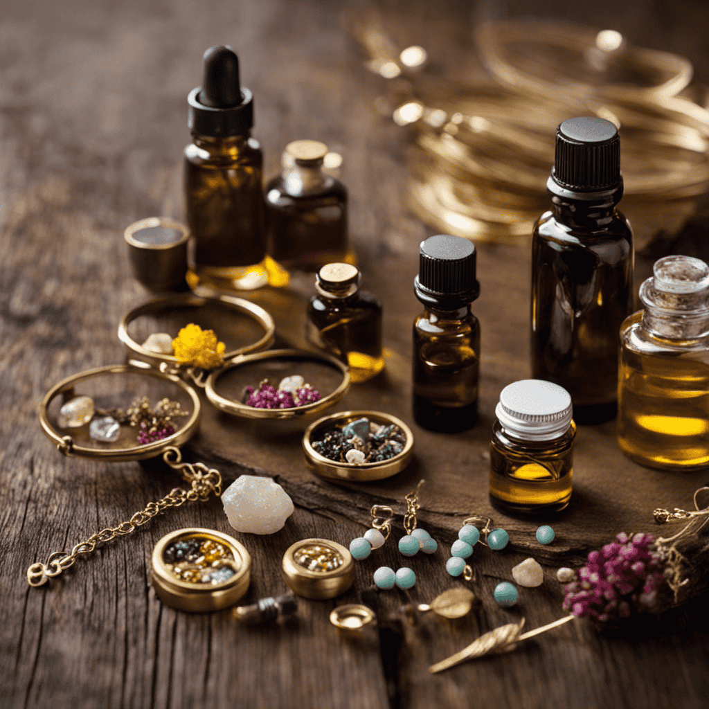 An image showcasing a collection of delicate aromatherapy jewelry pieces in various styles and materials, beautifully displayed on a rustic wooden surface