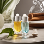 An image showcasing two hands gently dropping small glass aromatherapy roll-ons into a sleek, modern diffuser