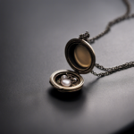 An image showcasing a pair of delicate hands delicately pouring a few drops of aromatic oil into the tiny opening of a tarnished silver locket necklace, surrounded by a faint aroma cloud