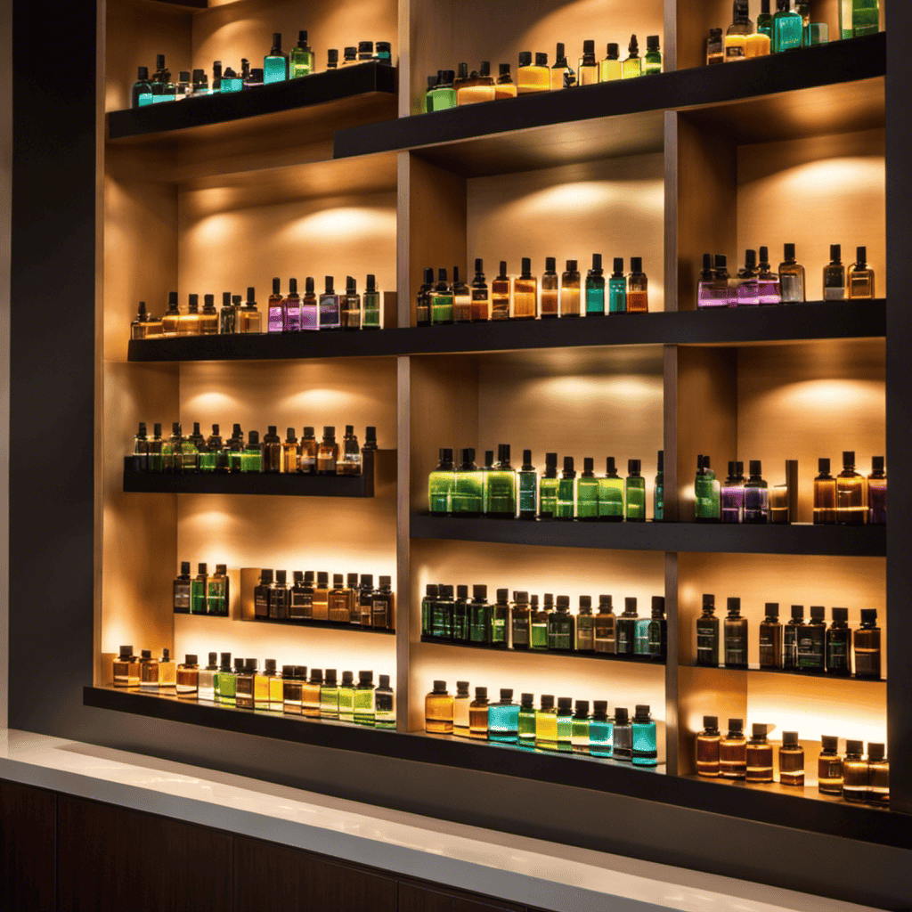 An image of a serene and inviting space adorned with shelves filled with colorful glass bottles of essential oils, neatly organized, while soft diffused lighting casts a warm glow highlighting a variety of sleek and stylish diffusers