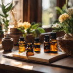 An image showcasing a cozy home workspace with various essential oils, diffusers, and packaging materials neatly organized on a desk