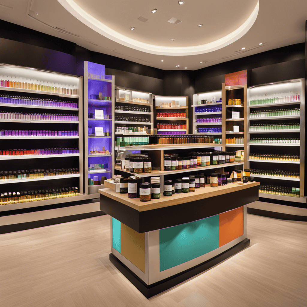An image showcasing a vibrant mall kiosk with shelves filled with colorful essential oils, diffusers, and aromatic products; a knowledgeable vendor engaging with customers, surrounded by a serene and inviting ambiance