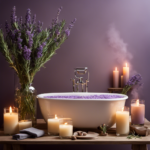 An image showcasing a serene bathroom scene: a steaming bath filled with rosemary-infused water, flickering candles casting a warm glow, and a lavender-scented diffuser gently dispersing calming aromas to alleviate menstrual cramps