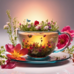 An image showcasing a serene scene with a clear glass teacup filled with fragrant herbal tea, infused with colorful petals and aromatic herbs