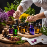 An image capturing an expert aromatherapist passionately demonstrating the art of blending essential oils, surrounded by a variety of colorful and aromatic botanicals, while a group of eager learners attentively observe and take notes