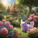 An image showcasing a serene, sunlit garden with a Clefable gracefully guiding a group of attentive Pokémon, demonstrating the art of Aromatherapy through delicate floral arrangements and gentle healing energy