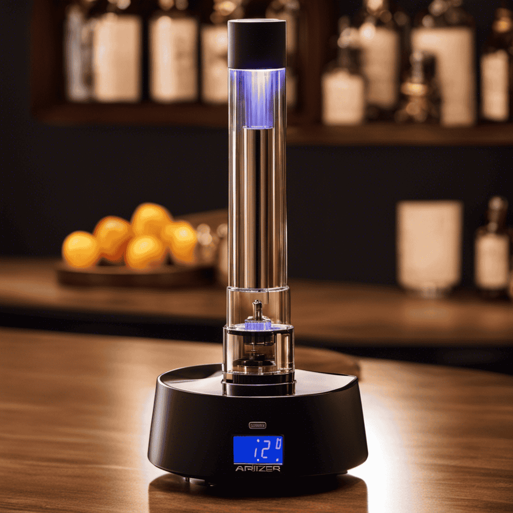 An image showcasing the Arizer Aroma Aromatherapy device, emphasizing its distinctive features like the LED display, sleek design, and unique buttons