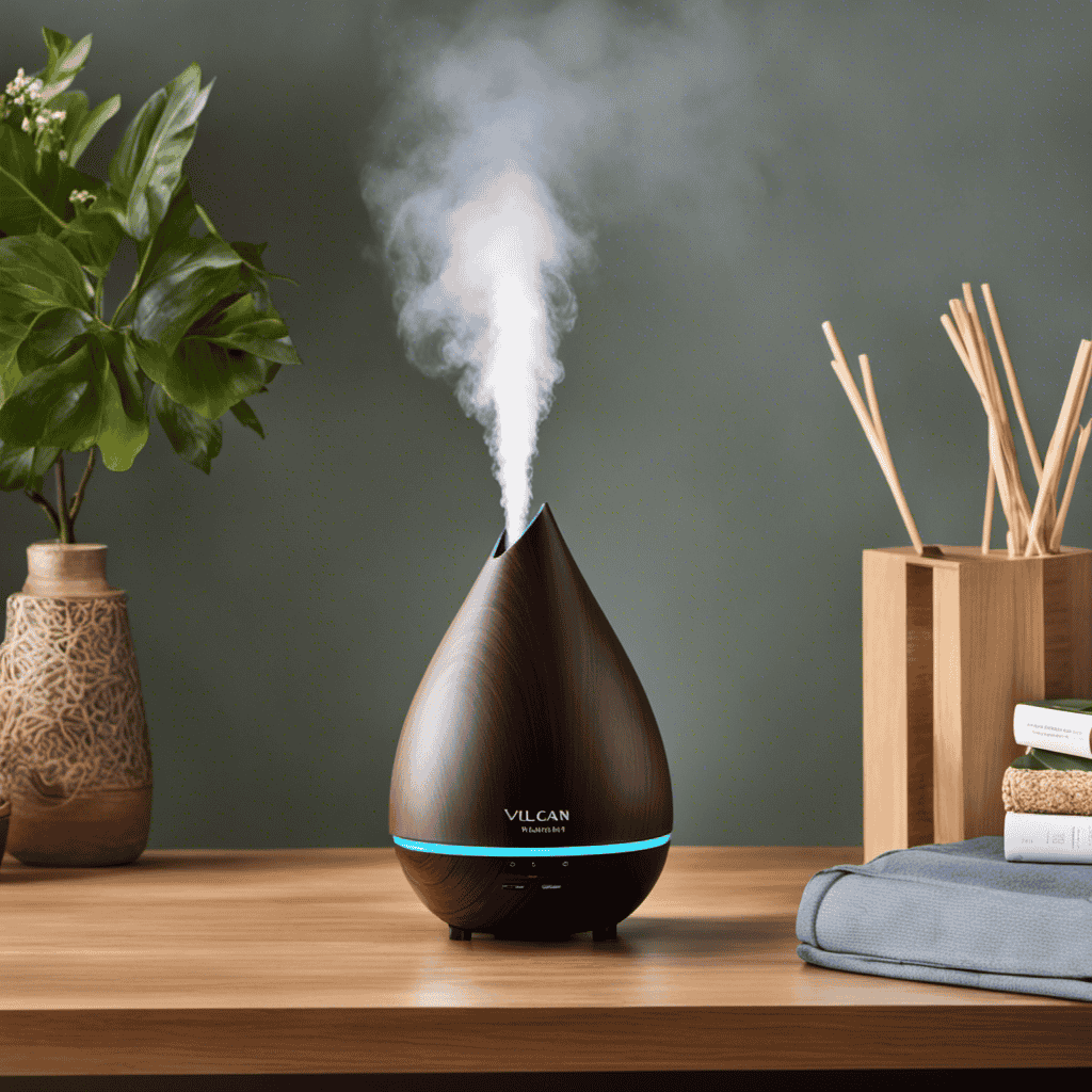 An image that showcases the serene ambiance of a dimly lit room with the Serene House Vulcan 1 Aromatherapy Diffuser as the focal point