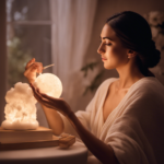 An image showcasing a serene, well-lit room with a woman gently holding a cotton ball infused with essential oils near her nose
