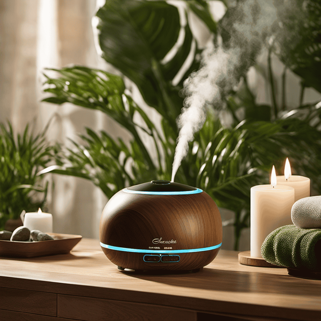 An image showcasing a tranquil spa setting with a tabletop aromatherapy diffuser emitting a delicate mist