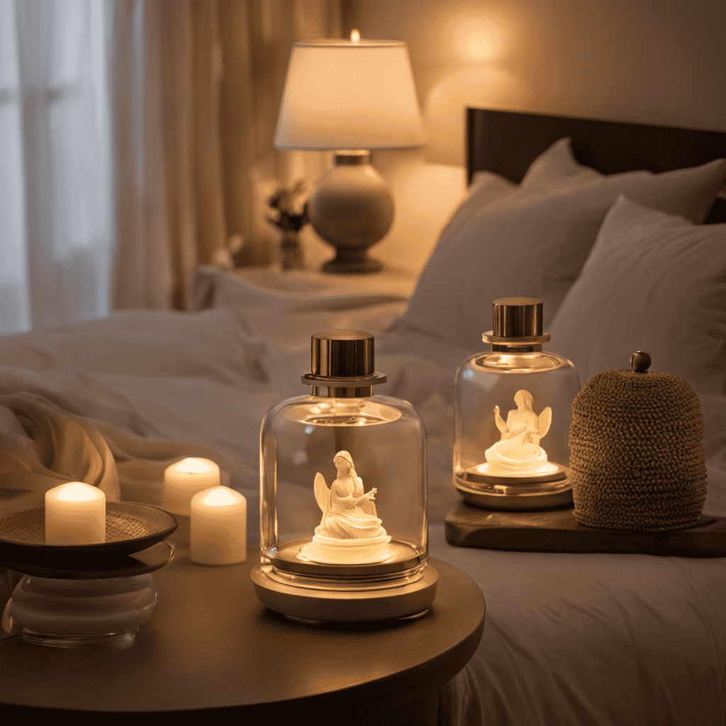 An image showcasing the Aerus Guardian Angel Aromatherapy Container in action: a serene bedroom setting with soft, warm lighting, a cozy bed adorned with plush pillows, and the container emitting a gentle, soothing mist