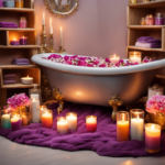 An image showcasing a serene bathroom setting with a relaxing tub filled with aromatic bath salts, surrounded by flickering candles, soft towels, and shelves adorned with an array of colorful Bath and Body Works products