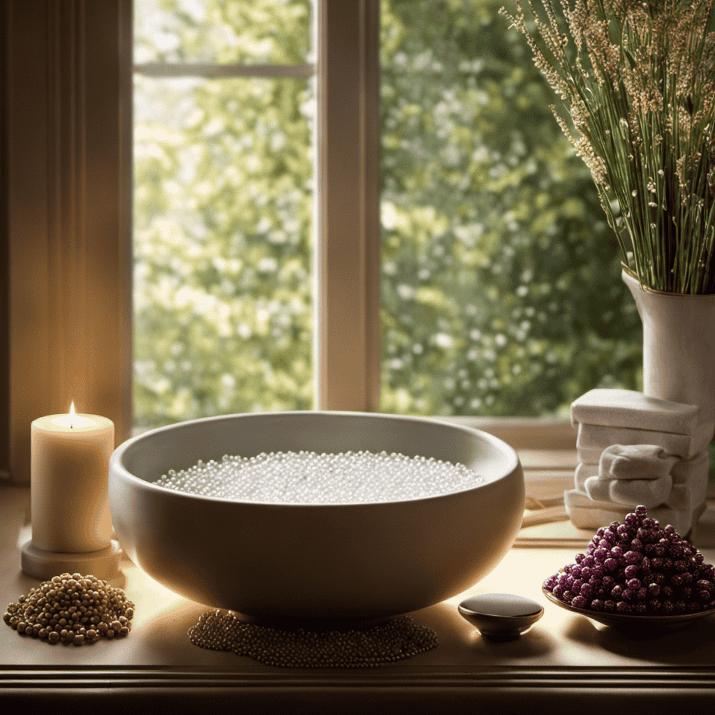 An image showcasing a serene bathroom scene with a hand gracefully pouring aromatic beads from a canister into a diffuser