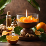 An image showcasing a serene spa-like setting with a diffuser emitting a soft orange glow, while fresh ginger slices and citrus fruits float in a bowl of water, exuding a refreshing and invigorating aroma