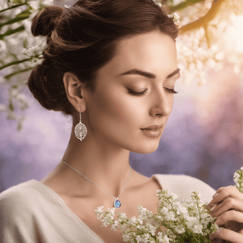 An image capturing a serene scene with a woman wearing an aromatherapy essential oil diffuser necklace, surrounded by delicate flowers