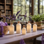 An image showcasing a serene classroom setting, filled with diffusers emitting gentle fragrances