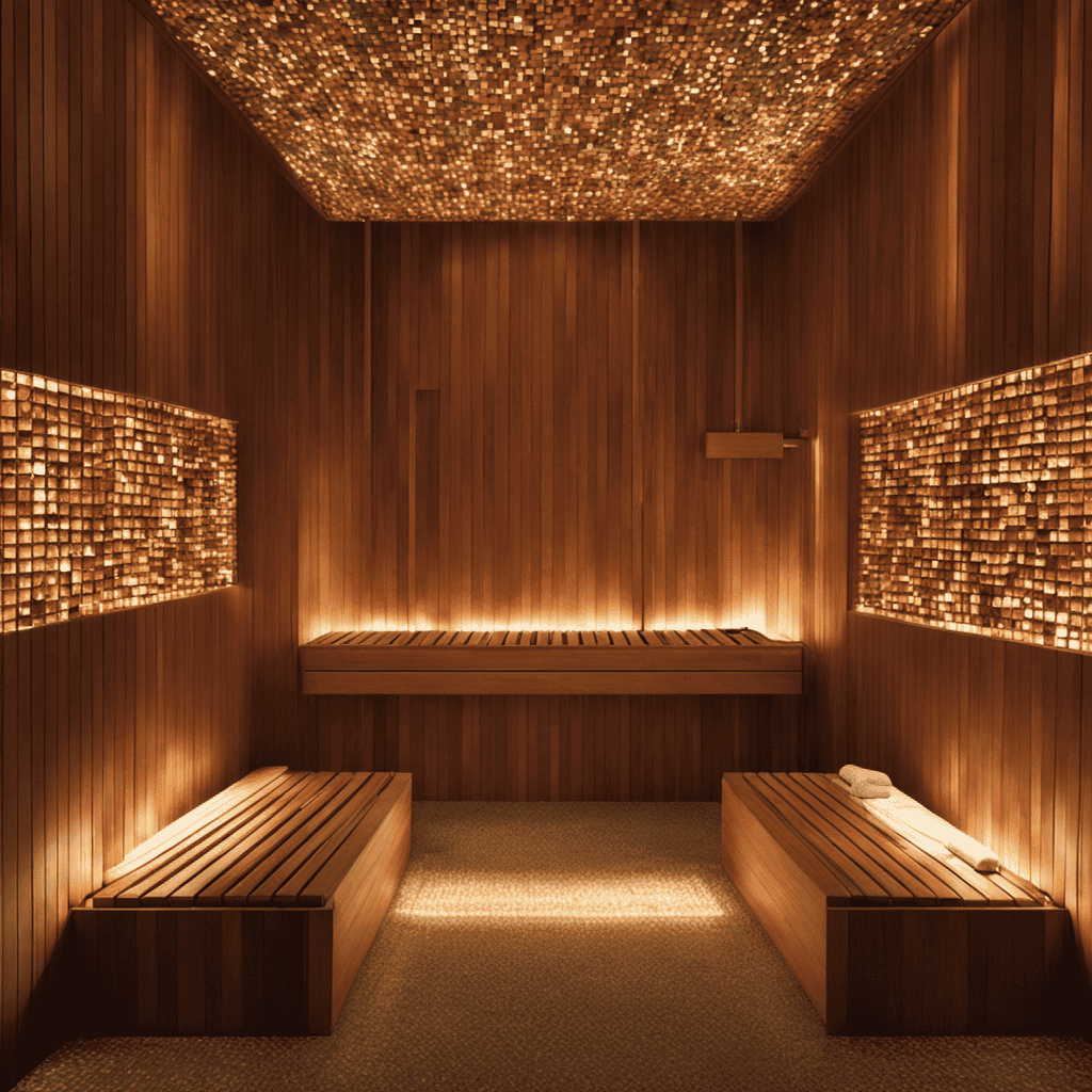 An image that showcases a serene steam room environment with a mosaic-tiled steam room bench, natural wooden walls, eucalyptus leaves hanging from the ceiling, and soft ambient lighting, inviting readers to explore aromatherapy in this soothing space