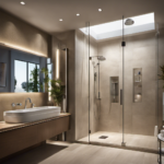 An image showcasing a serene steam shower scene: a spacious, contemporary bathroom with a glass-enclosed shower emitting a gentle mist
