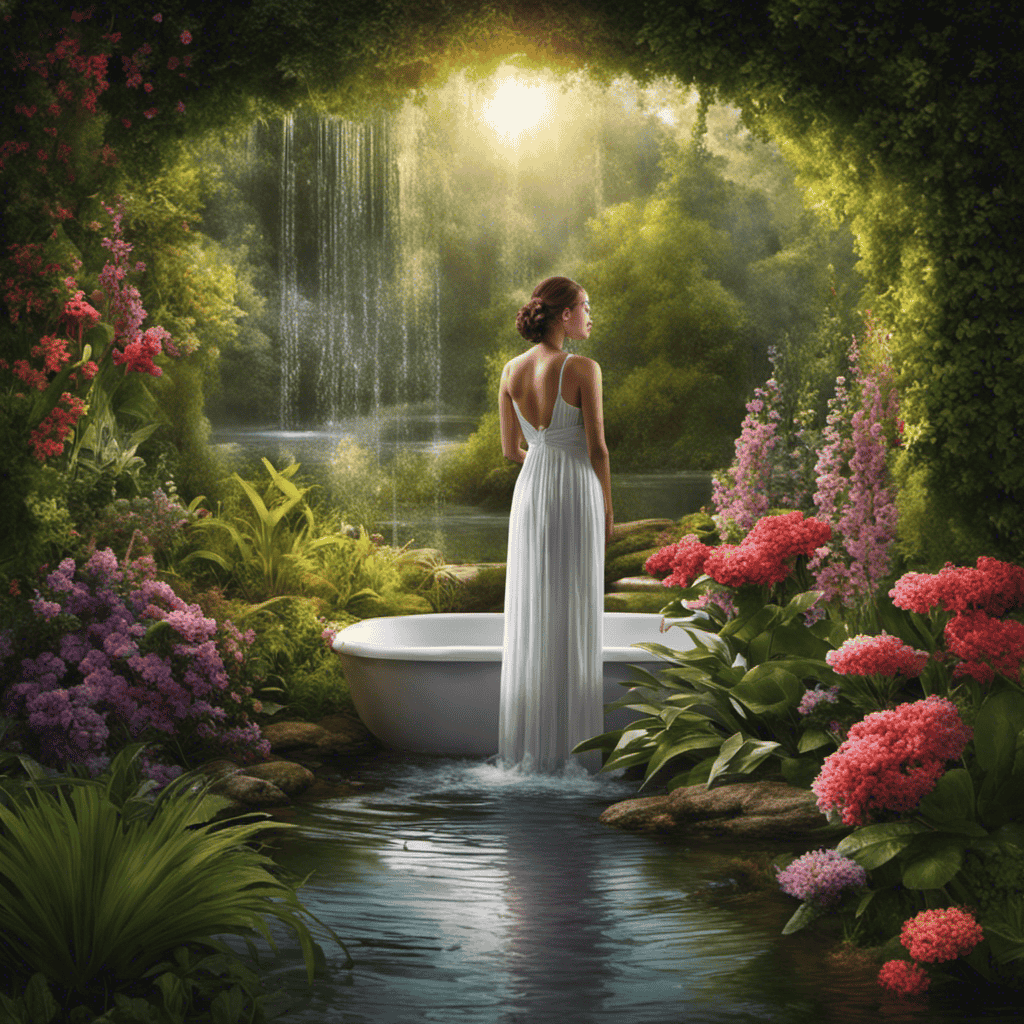 An image depicting a serene bathroom shower scene with a woman standing under a gentle stream of water, surrounded by vibrant, aromatic plants with droplets of essential oils floating in the air