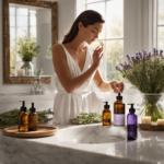 An image showcasing a serene, sunlit bathroom scene with a woman gently massaging aromatic oil into her glowing, hydrated skin, surrounded by bottles of lavender, rosemary, and eucalyptus oils on a marble countertop