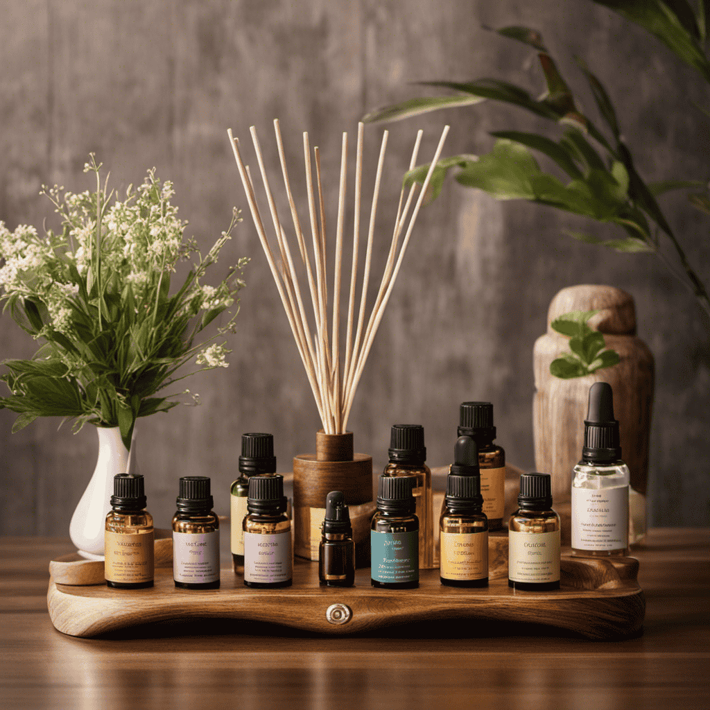 An image showcasing a serene setting with a wooden diffuser releasing gentle wisps of aromatic mist, surrounded by various bottles of essential oils, inviting readers to explore the world of aromatherapy