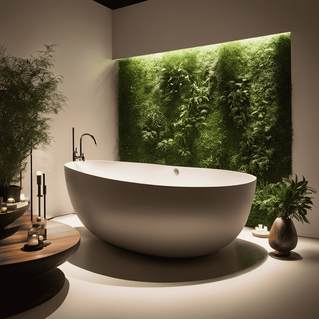 An image showcasing a serene bathroom setting with soft lighting, a warm bath filled with detoxifying aromatic herbs, and a person relaxing, surrounded by a gentle mist of essential oils diffusing from a nearby diffuser