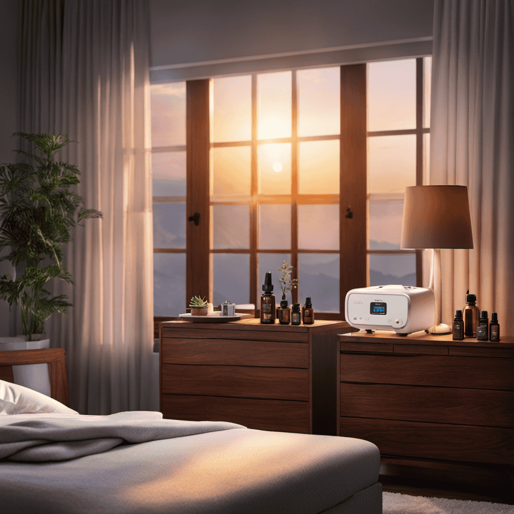 An image illustrating a peaceful bedroom scene with a CPAP machine on a nightstand