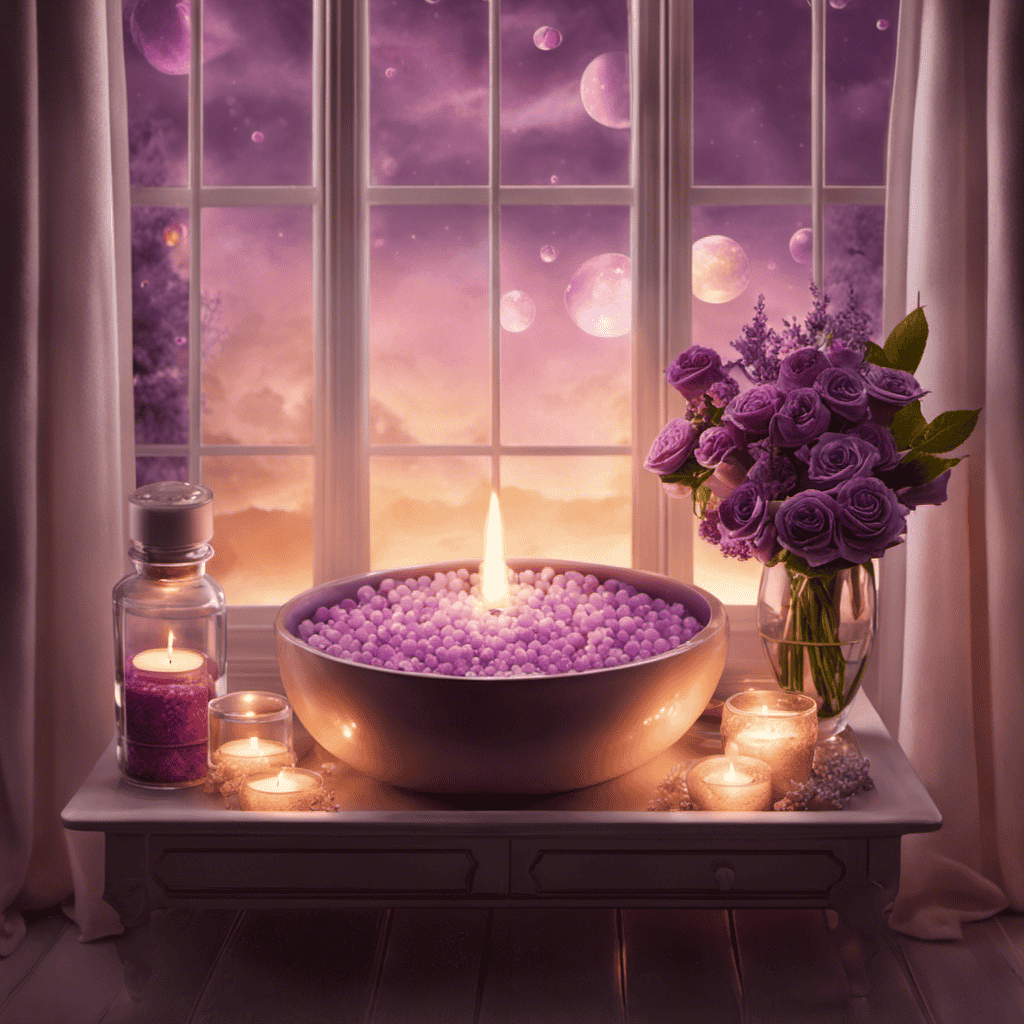 An image showcasing a serene bathroom scene: a flickering lavender-scented candle casting a soft glow, a steamy tub filled with rose-scented bubbles, and a tray of Bath and Body Works Aromatherapy products nearby