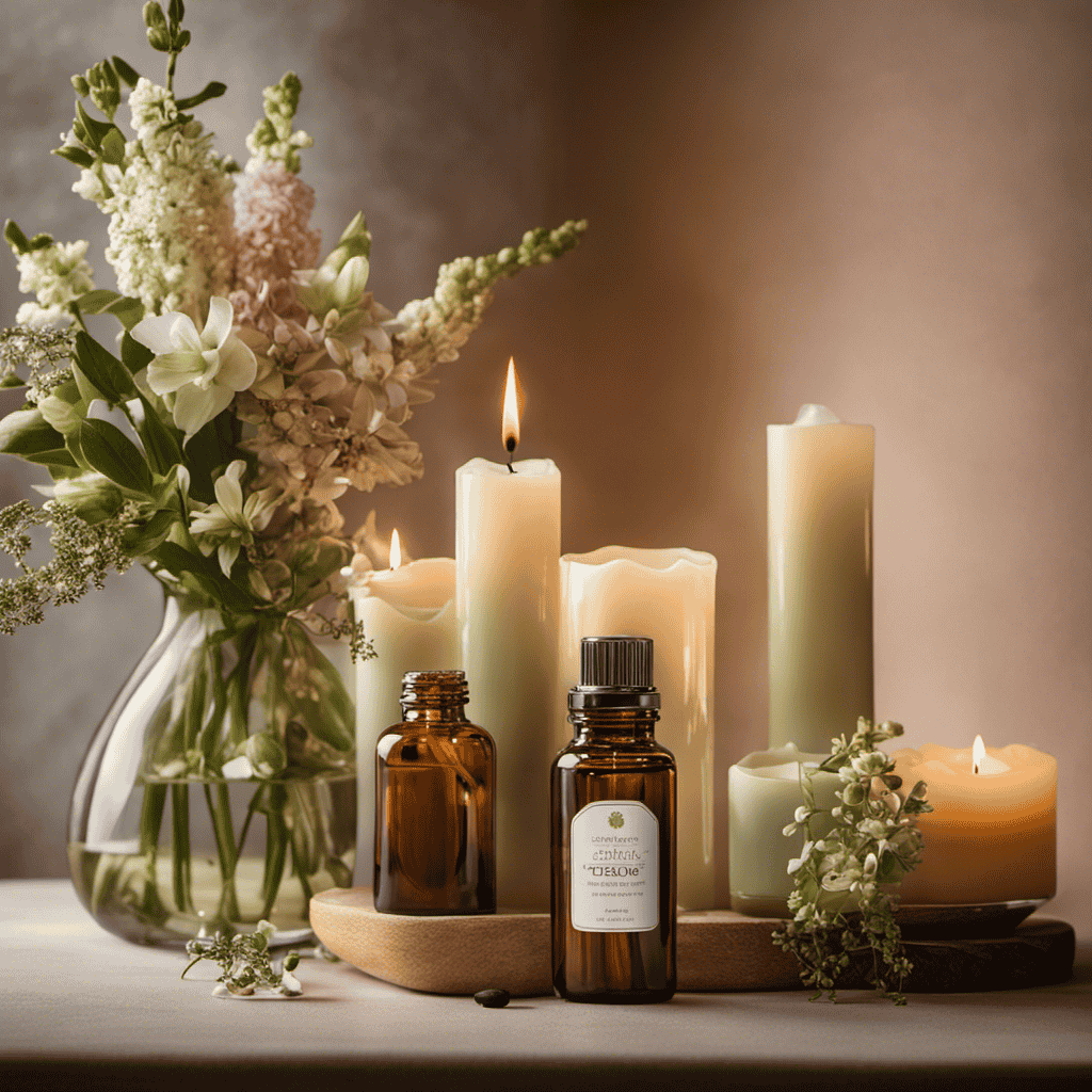An image showcasing a serene setting with a diffuser releasing gentle vapors, surrounded by various essential oil bottles, a floral arrangement, and a soft candle glow, evoking the calming ambiance of aromatherapy